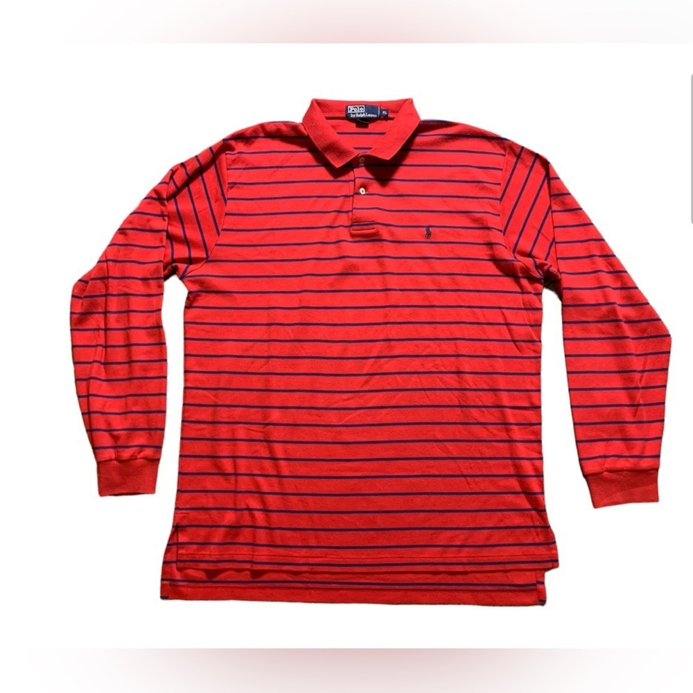Polo Ralph Lauren Mens XL Long Sleeve Polo Shirt Striped Red Navy Blue Cotton